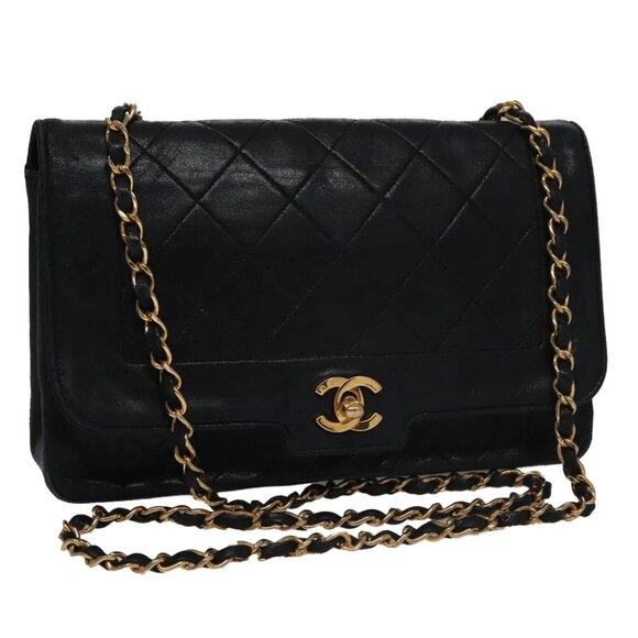 CHANEL Matelasse Single Flap Chain Bag Lamb Skin Black Gold CC - Picture 1 of 14